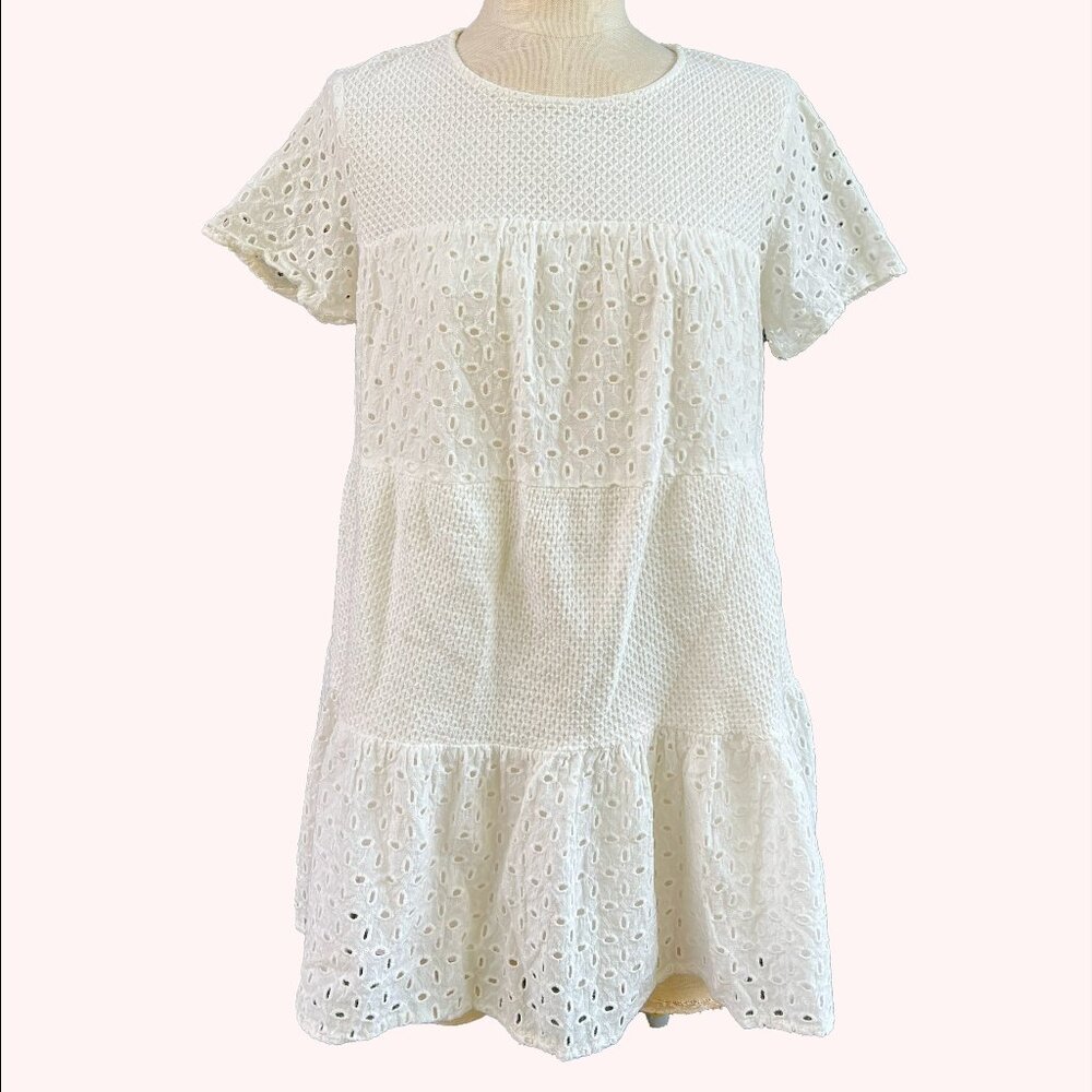 William B White 100% Cotton Tiered Short Dress Eyelet Summer Boho
